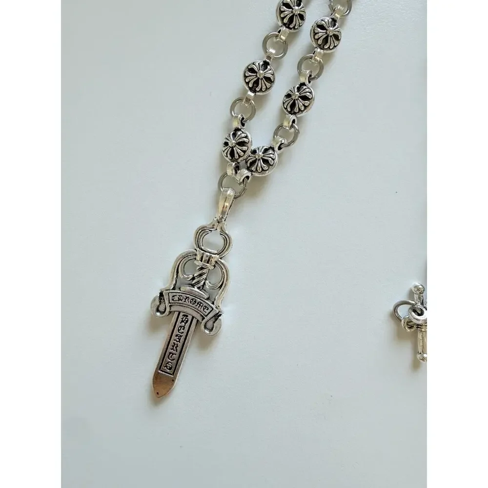CH style chrome silver cross sword dagger necklace 60cm